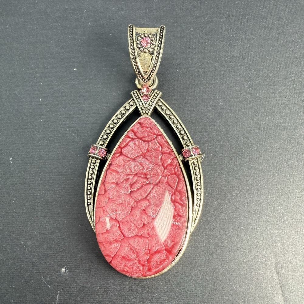 Vintage Teardrop Pendant Necklace Pink Glass Red Rhinestones Pendant No Chain